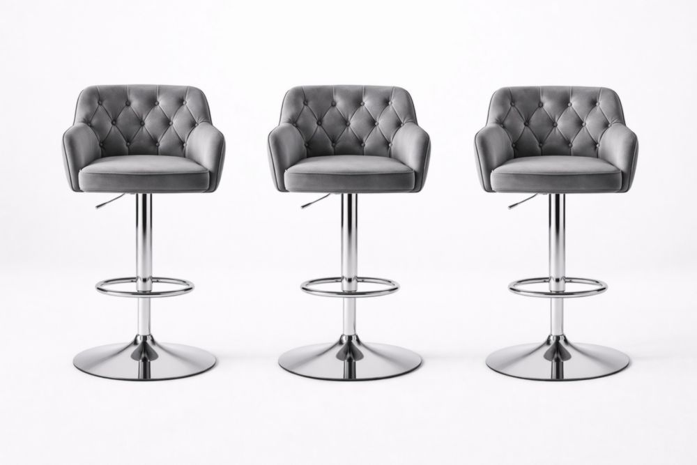 Velvet Swivel Bar Stools Set with Steel Base Grey-Livorestae