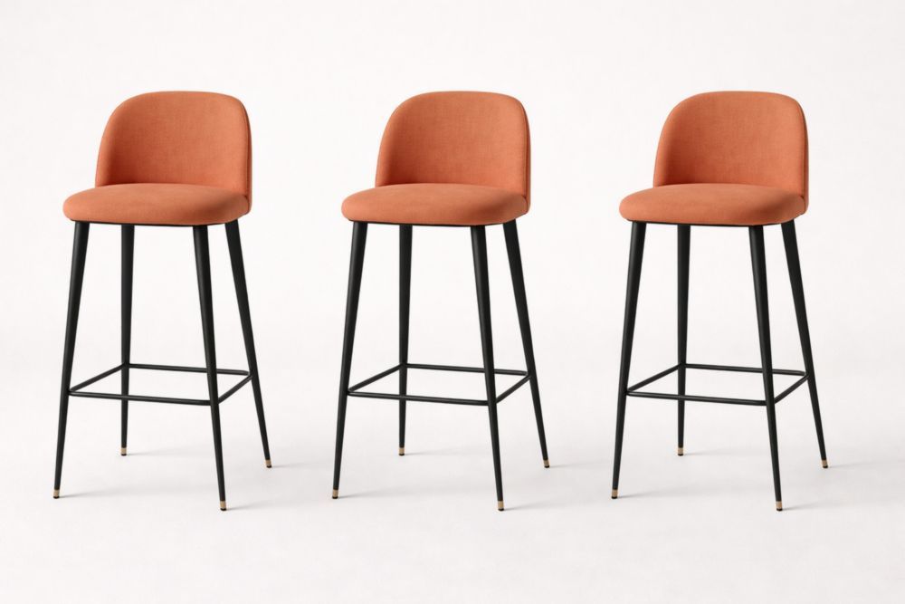 Set of 3 Fabric Bar Stools with Black Metal Legs in Orange-Livorestae