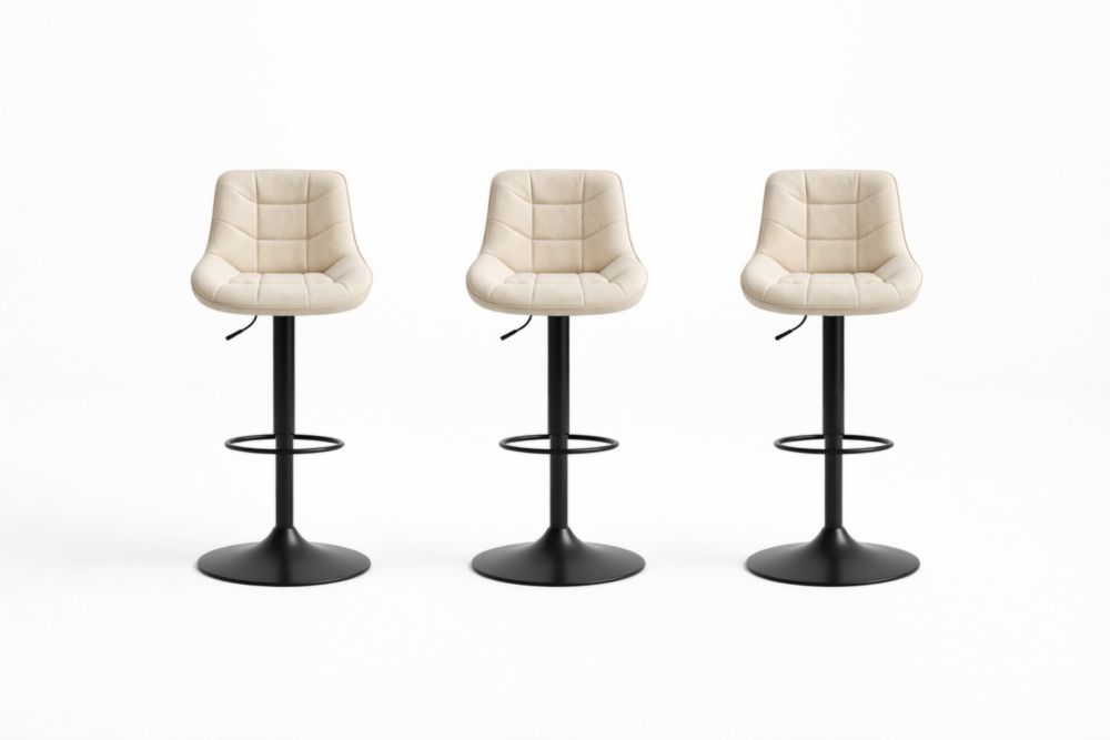 Set of 3 Adjustable Bar Stools Faux Leather Beige with Black Metal Base-Livorestae