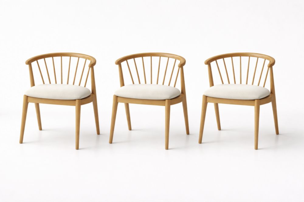 Set of 3 Oak Dining Chairs with Spindle Backrest and Beige Cushions-Interzivo