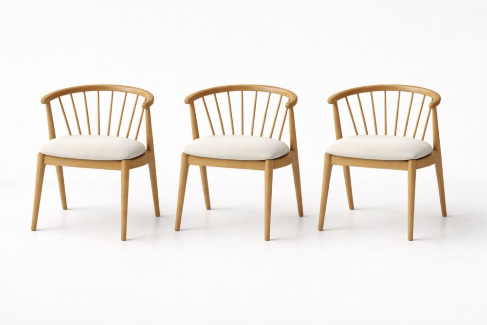 Set of 3 Oak Dining Chairs with Spindle Backrest and Beige Cushions-Interzivo