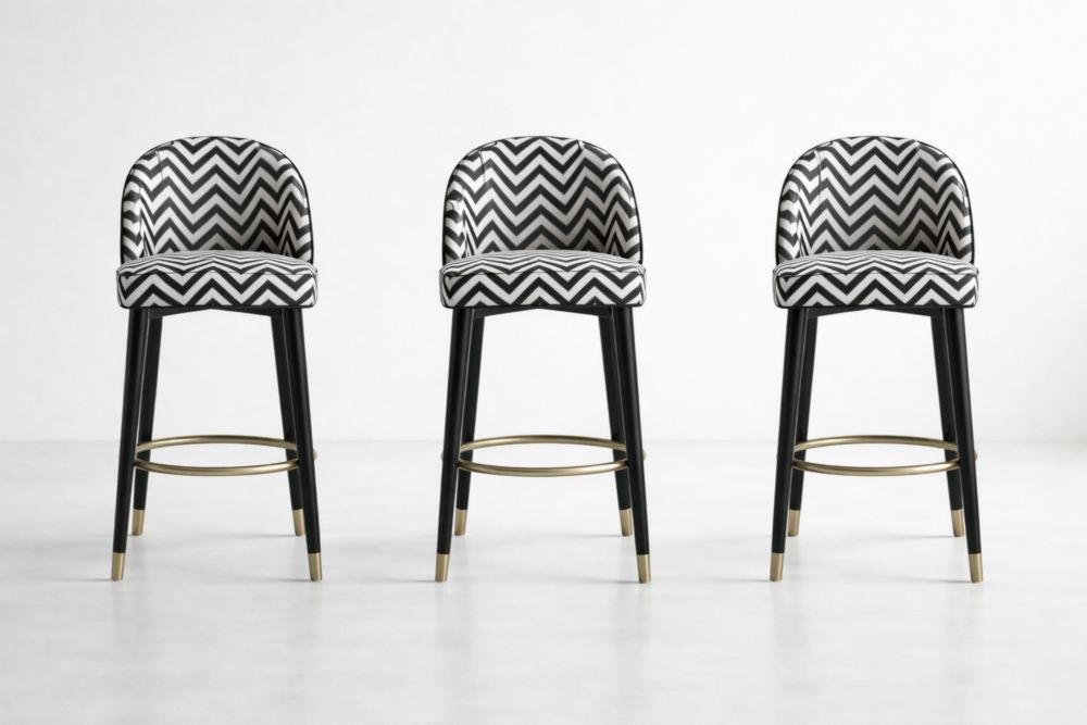Chevron Pattern Upholstered Bar Stools with Black Wood Legs and Gold Accents, Set of 3-Interzivo