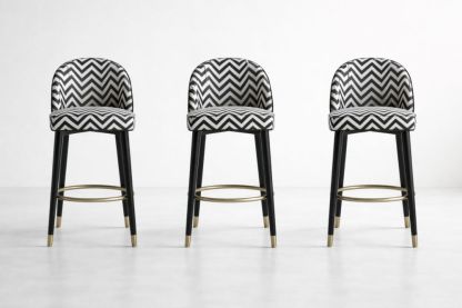 Chevron Pattern Upholstered Bar Stools with Black Wood Legs and Gold Accents, Set of 3-Interzivo