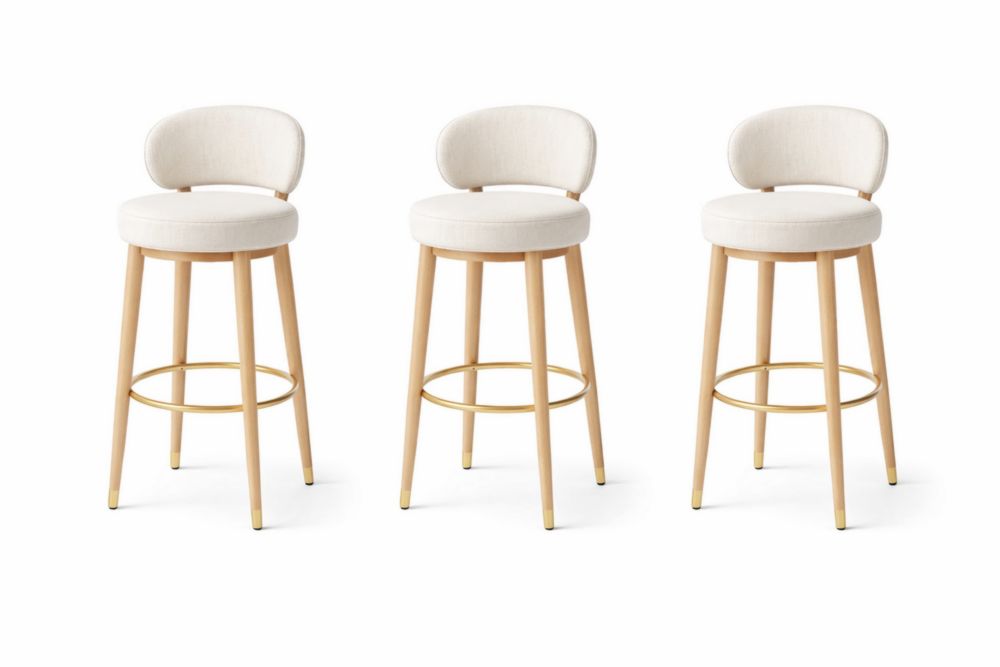 Set of 3 Wooden Bar Stools with Polyester Blend Upholstery in Beige-Interzivo