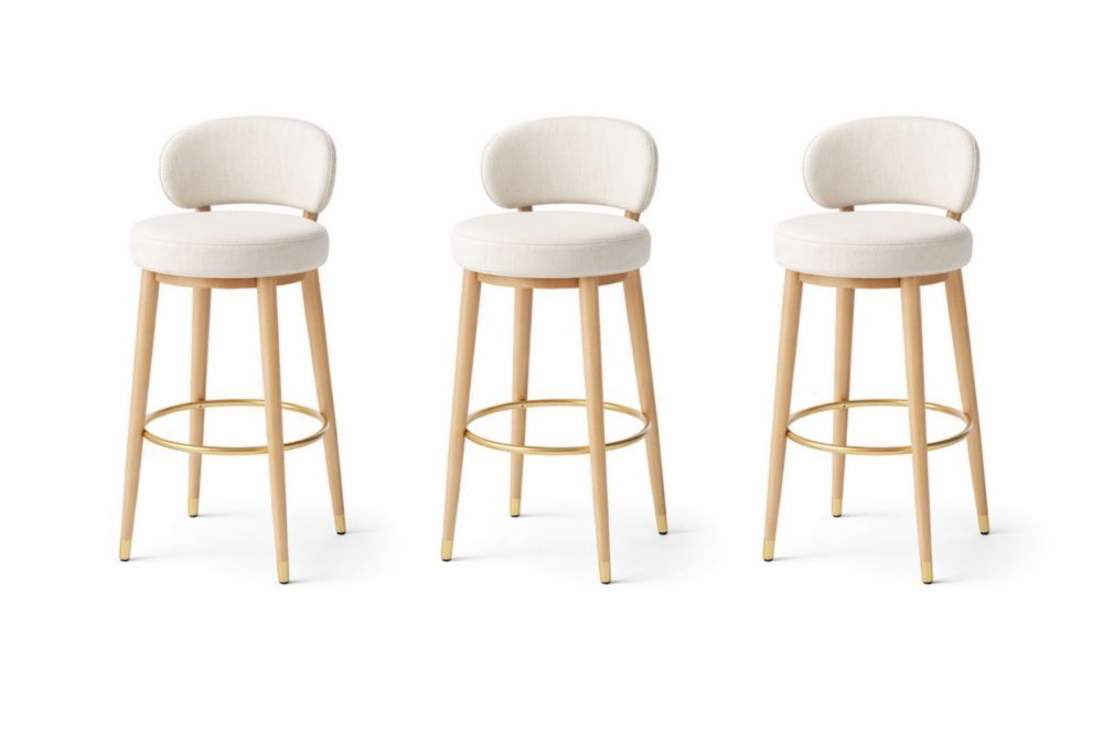 Set of 3 Wooden Bar Stools with Polyester Blend Upholstery in Beige-Interzivo