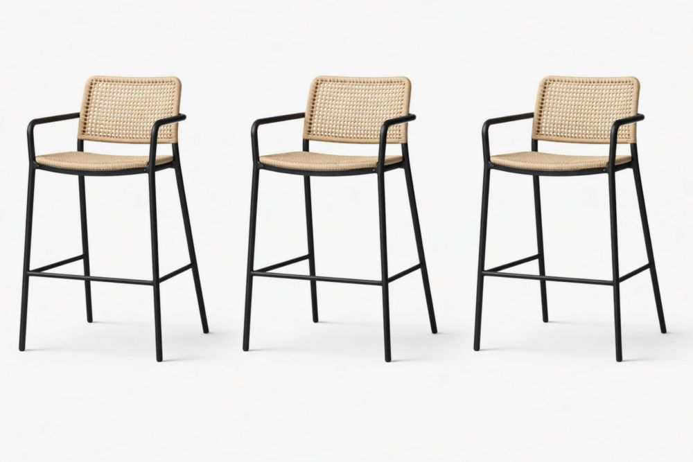 Set of 3 Black Metal Frame Counter Stools with Rattan-Style Woven Seat and Back-Interzivo