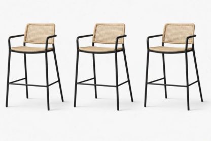 Set of 3 Black Metal Frame Counter Stools with Rattan-Style Woven Seat and Back-Interzivo