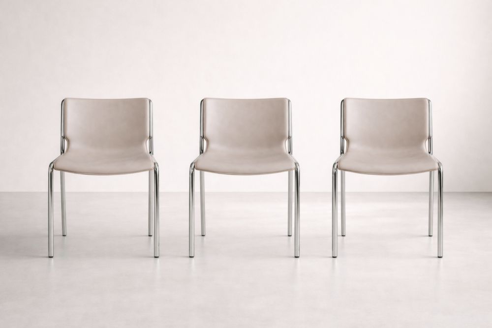 Set of 3 Beige Faux Leather and Chrome Dining Chairs-Interzivo