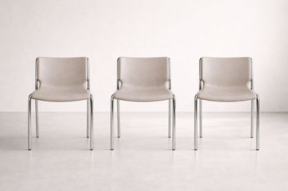 Set of 3 Beige Faux Leather and Chrome Dining Chairs-Interzivo