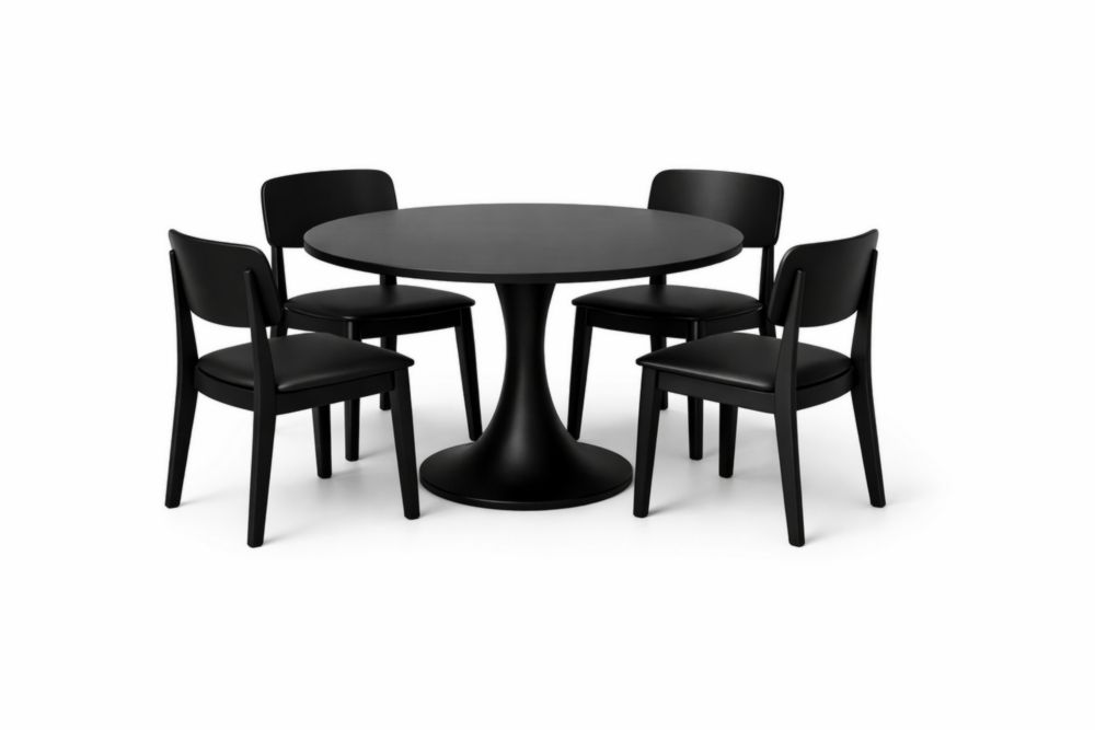 Round Dining Table Set with Four Chairs Black Wood 120cm-Interzivo