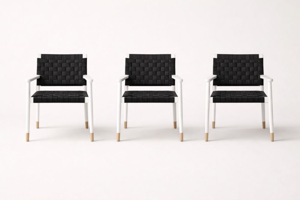 Set of 3 Black Woven Armchairs with Metal Frame and Wooden Accents-Interzivo