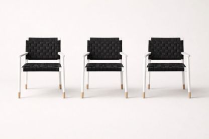 Set of 3 Black Woven Armchairs with Metal Frame and Wooden Accents-Interzivo