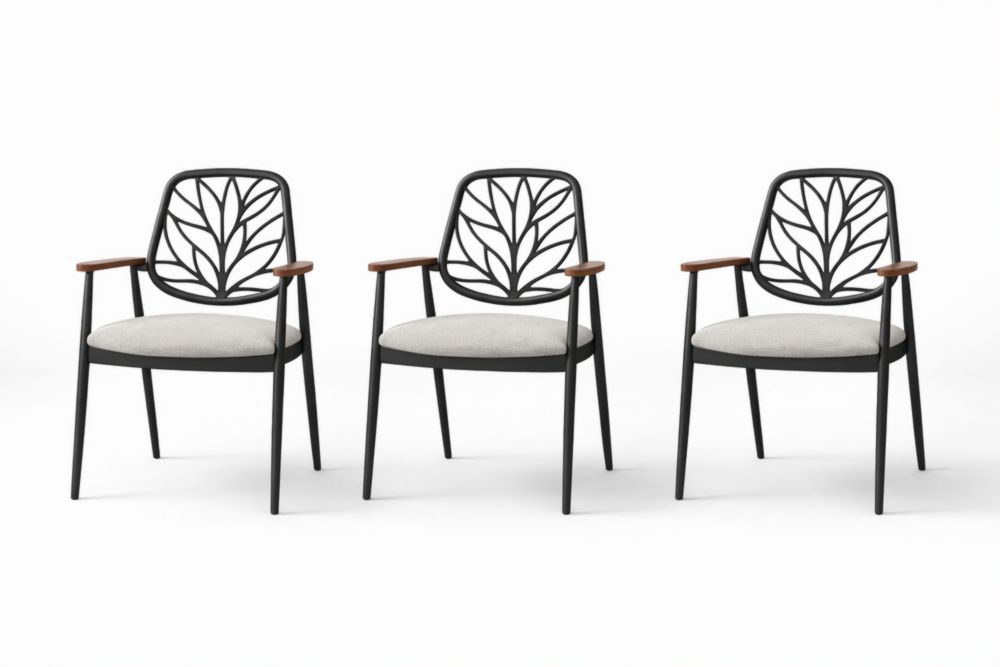 Set of Three Black Metal Chairs with Leaf Design and Cushioned Seat-Interzivo