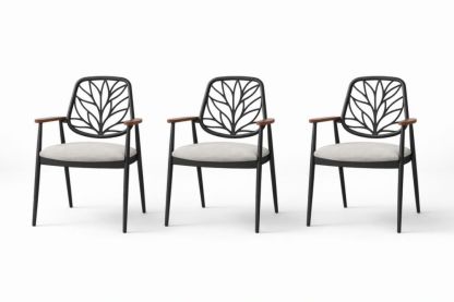 Set of Three Black Metal Chairs with Leaf Design and Cushioned Seat-Interzivo