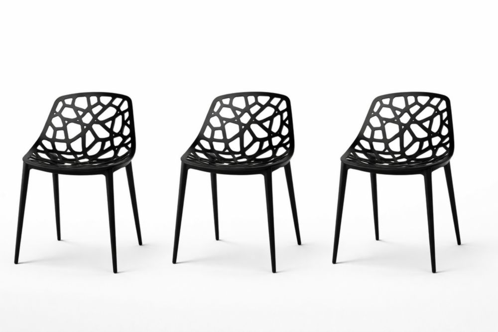 Set of 3 Black Polypropylene Stackable Dining Chairs with Cutout Backrest-Interzivo