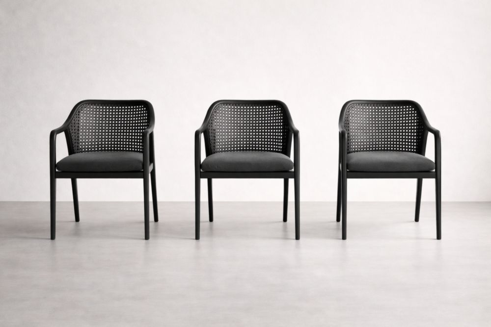 Set of 3 Black Metal Frame Mesh Armchairs with Cushioned Seat-Interzivo