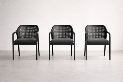 Set of 3 Black Metal Frame Mesh Armchairs with Cushioned Seat-Interzivo