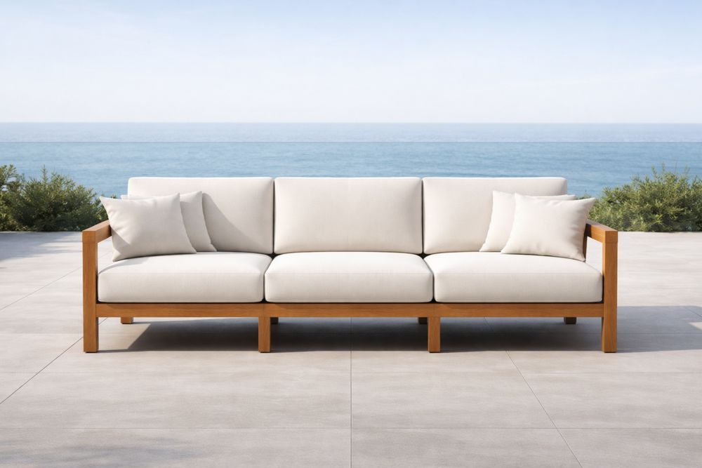 Outdoor Teak Sofa Set with White Cushions-Homeziora