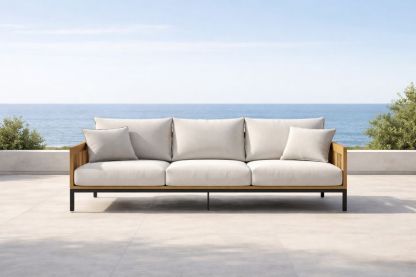 Outdoor Wooden Frame Sofa with Beige Cushions and Steel Legs-Homeziora