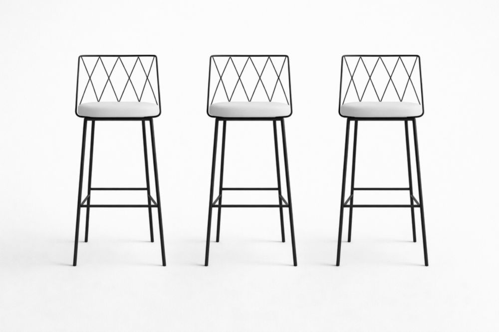 Set of 3 Black Metal Bar Stools with White Cushions and Diamond Pattern Backrest-Homeziora