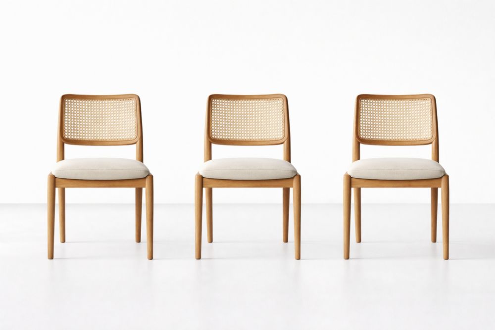 Dining Chair Set of 3 with Rattan Back and Solid Wood Frame Beige Cushion-Homeziora