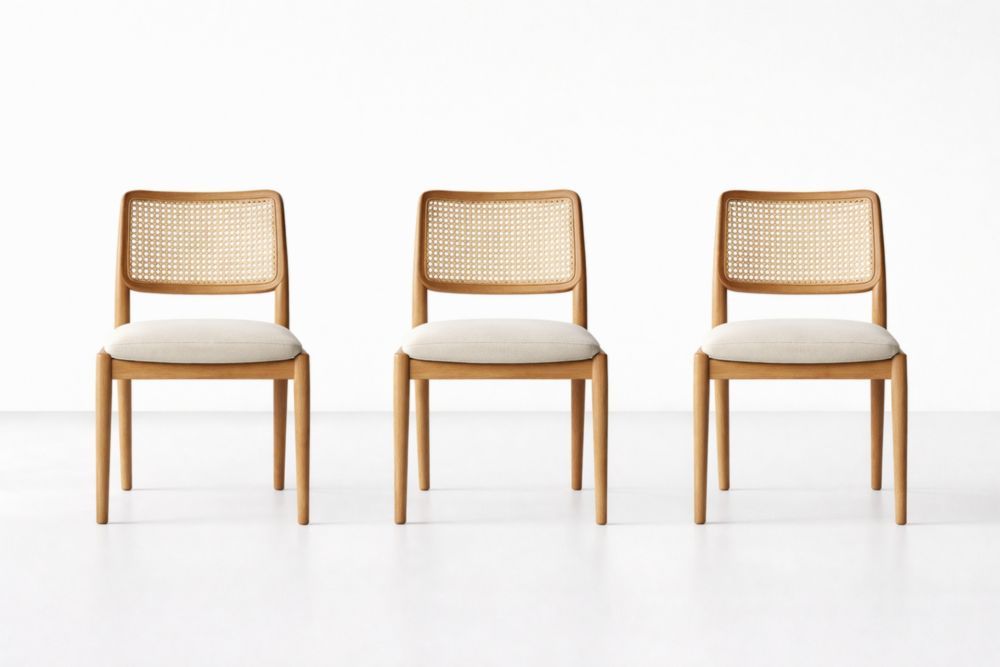 Dining Chair Set of 3 with Rattan Back and Solid Wood Frame Beige Cushion-Homeziora