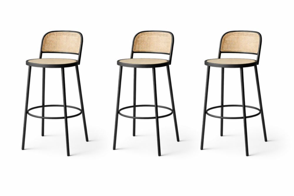 Set of 3 Bar Stools with Metal Frame and Rattan Backrest-Homeziora