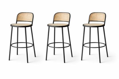 Set of 3 Bar Stools with Metal Frame and Rattan Backrest-Homeziora