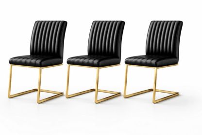 Set of 3 Black Faux Leather Dining Chairs with Gold Metal Frame-Homeziora