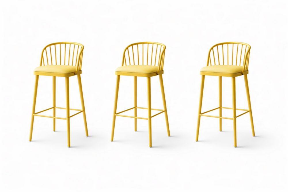 Set of 3 Yellow Metal Bar Stools with Backrest and Cushion-Homeziora