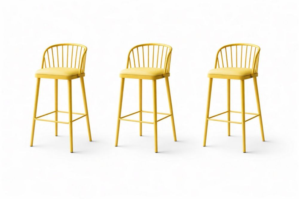 Set of 3 Yellow Metal Bar Stools with Backrest and Cushion-Homeziora