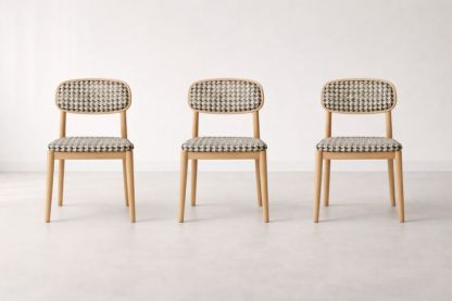 Set of 3 Houndstooth Upholstered Beech Wood Dining Chairs-Homeziora