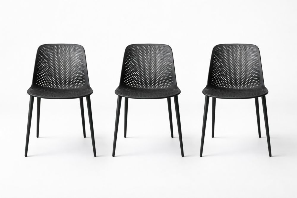 Set of 3 Black Perforated Plastic Chairs with Metal Legs-Homeziora