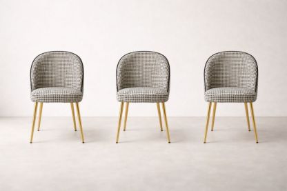 Set of 3 Houndstooth Fabric Chairs with Gold Metal Legs-Homeziora