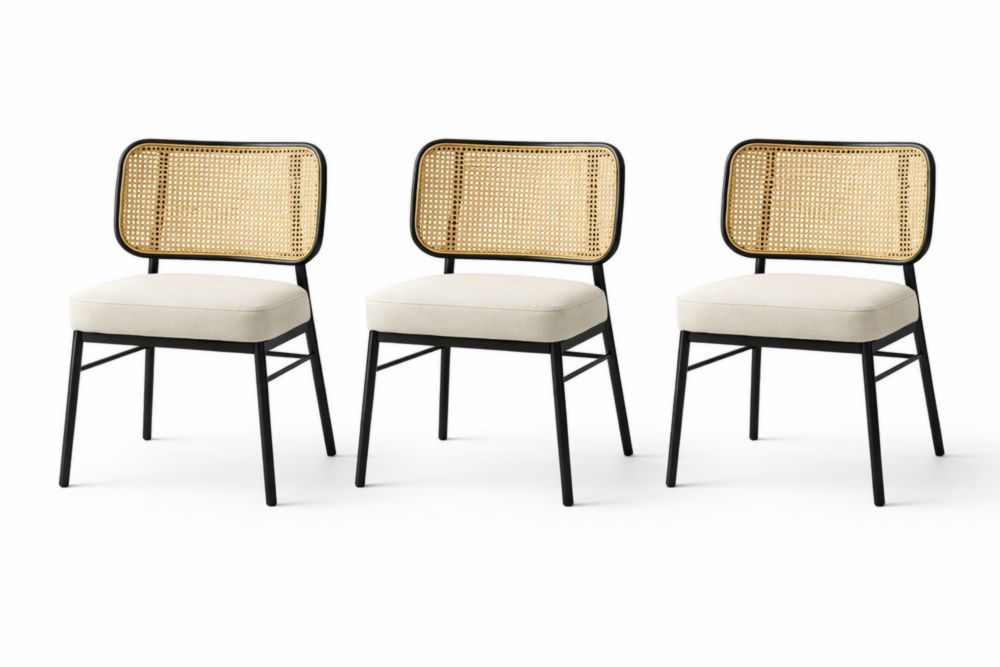 Rattan Backrest Dining Chair Set with Black Metal Frame and Cream Cushions-Homeziora