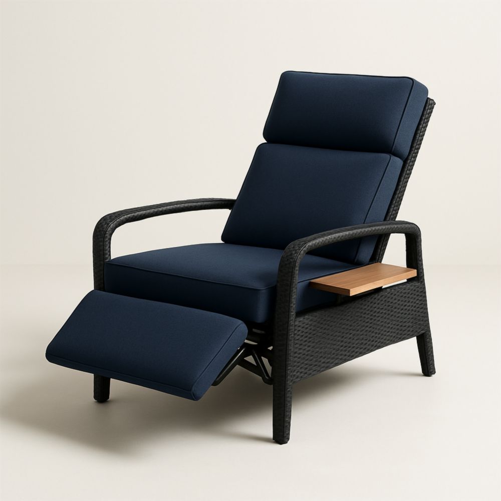 Outdoor Wicker Recliner Chair with Navy Cushions and Wooden Armrest-Auravivora