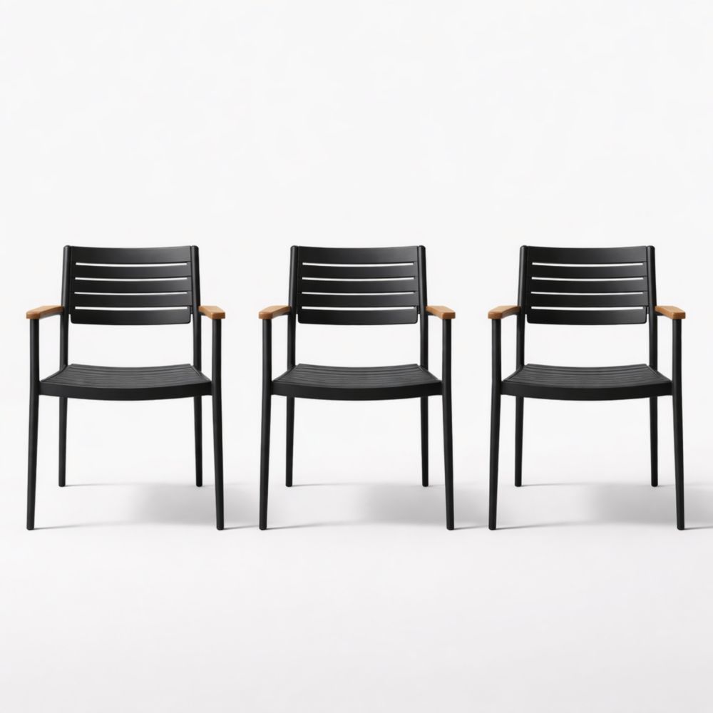 Outdoor Stackable Patio Chair Set of 3 Black Metal with Wooden Armrests-Auravivora