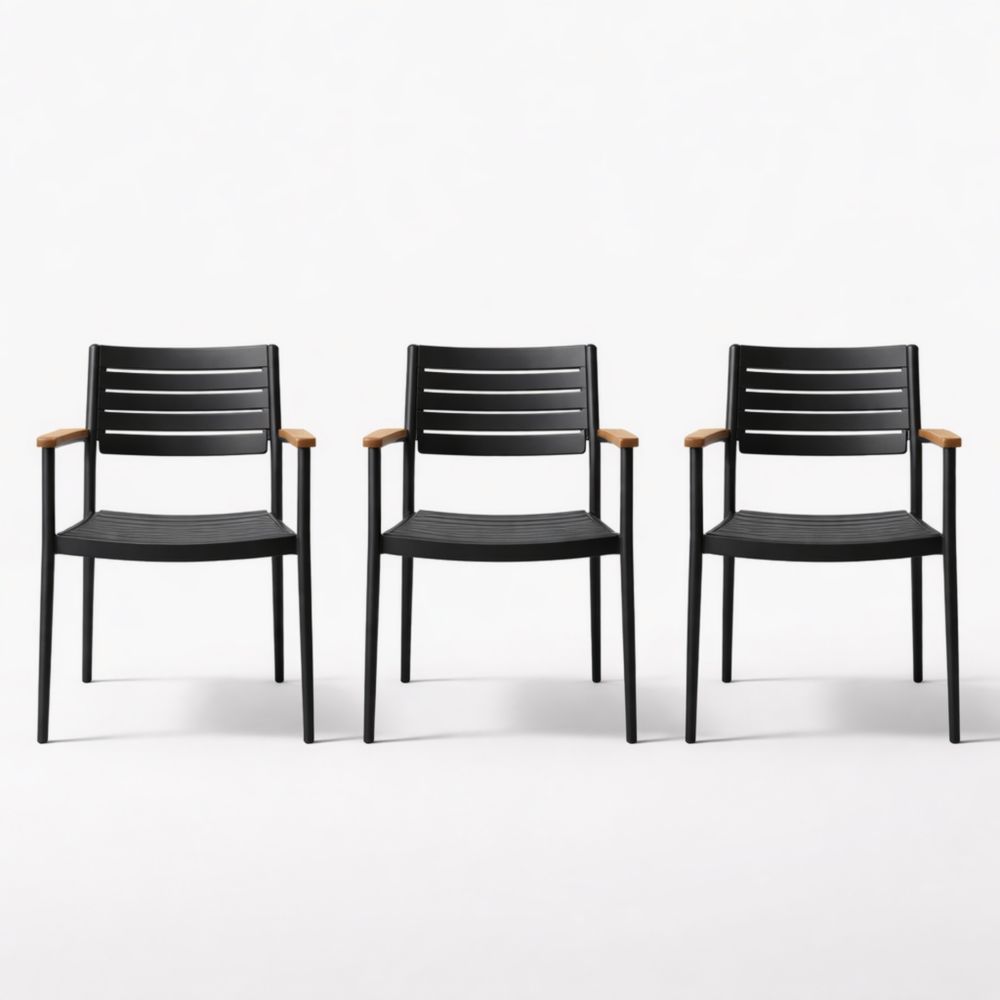 Outdoor Stackable Patio Chair Set of 3 Black Metal with Wooden Armrests-Auravivora