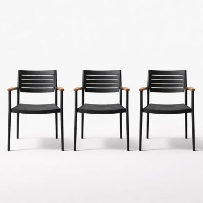 Outdoor Stackable Patio Chair Set of 3 Black Metal with Wooden Armrests-Auravivora