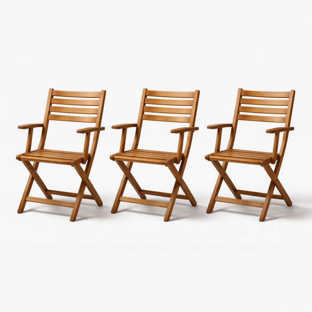 Set of 3 Folding Wooden Chairs with Armrests Brown-Auravivora