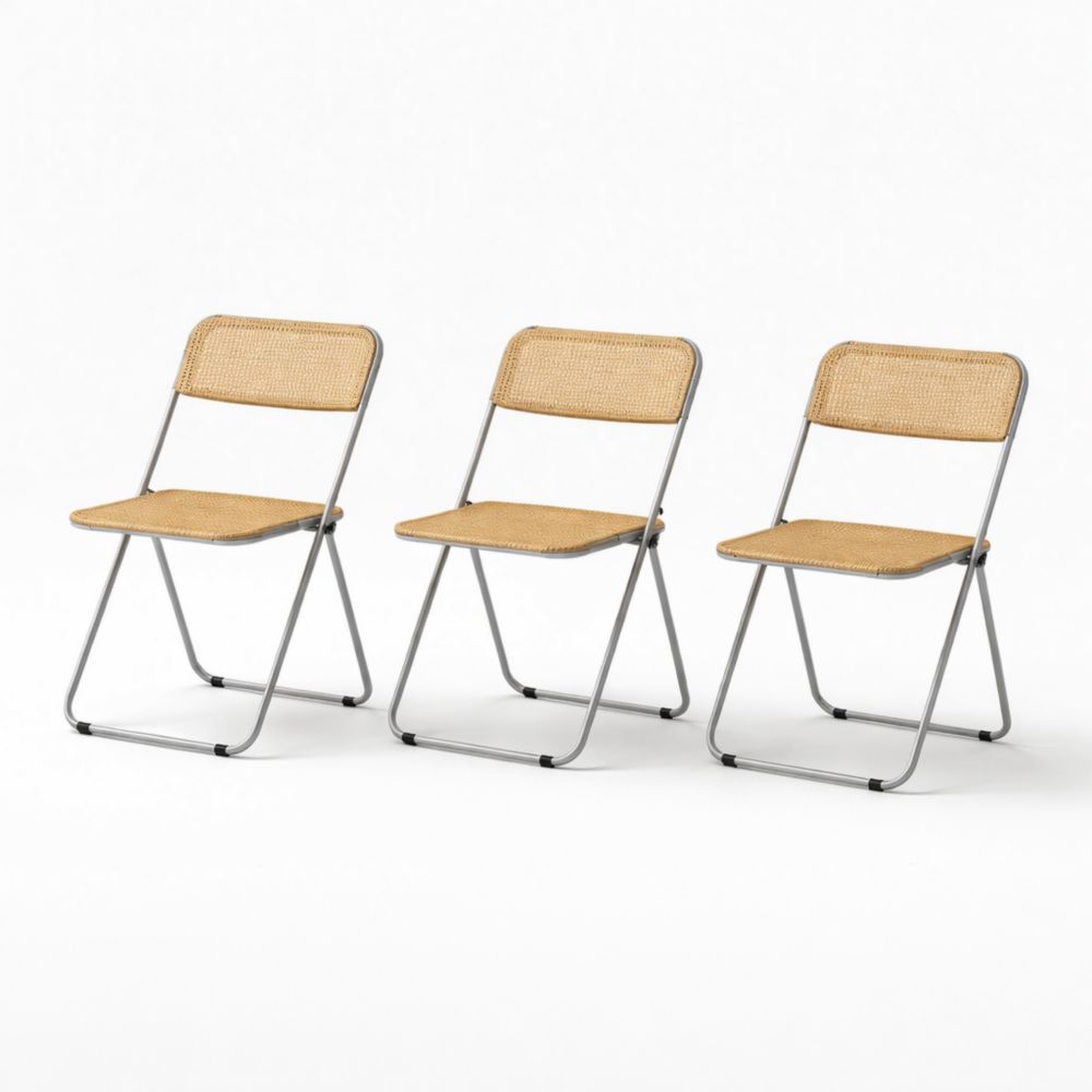 Set of 3 Folding Chairs with Metal Frame and Rattan Seat-Auravivora