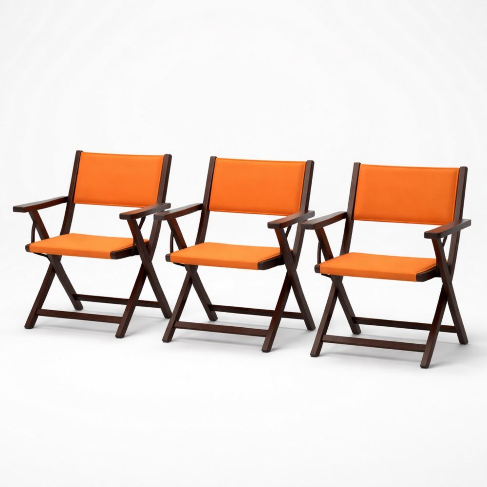 Set of 3 Folding Chairs with Armrests Orange Polyester Upholstery Dark Wood Frame-Auravivora