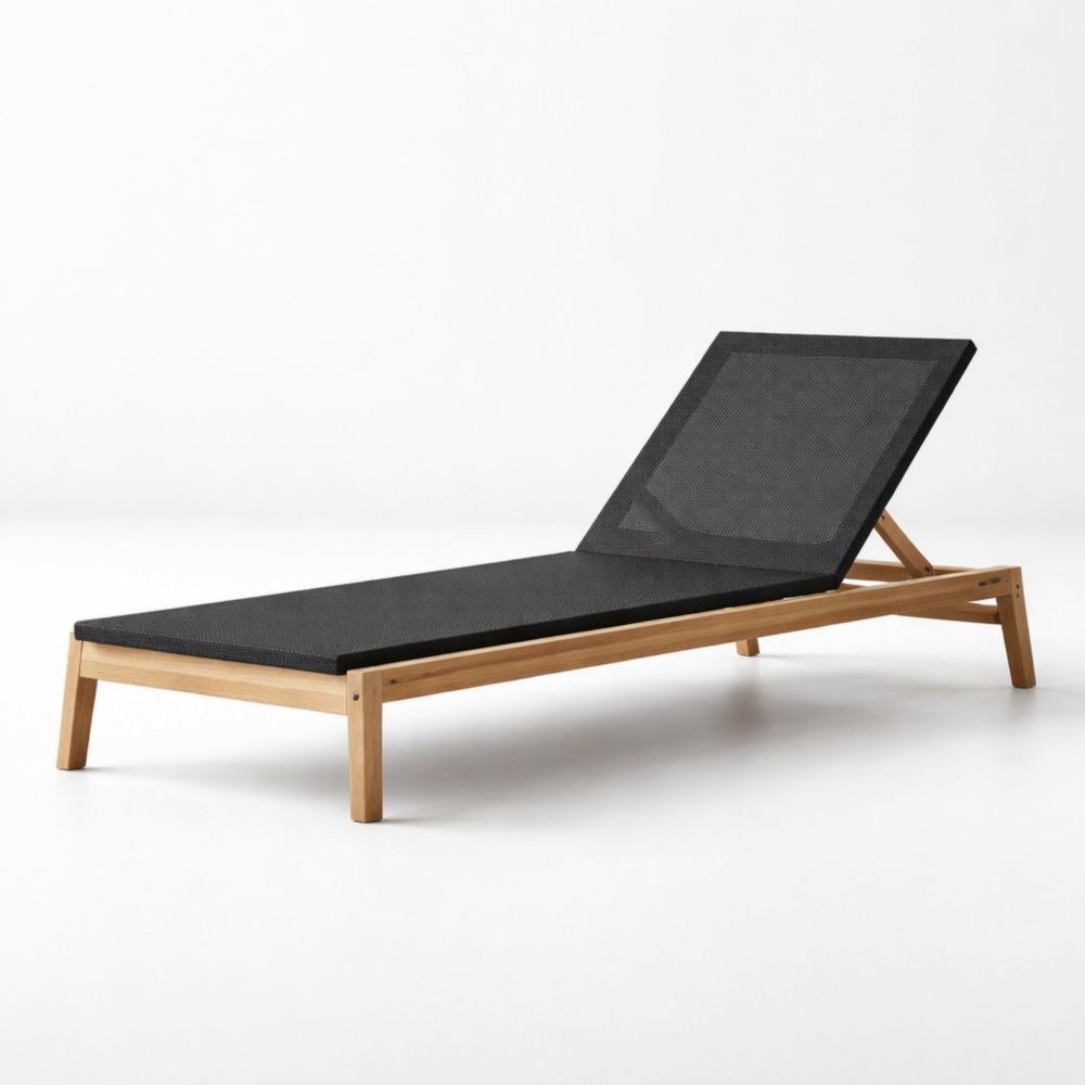Teak Wood Outdoor Reclining Sun Lounger with Black Mesh-Auravivora
