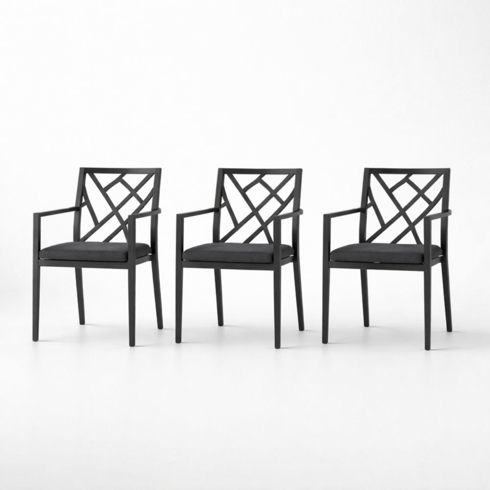 Set of 3 Black Metal Frame Chairs with Cushioned Seats-Auravivora