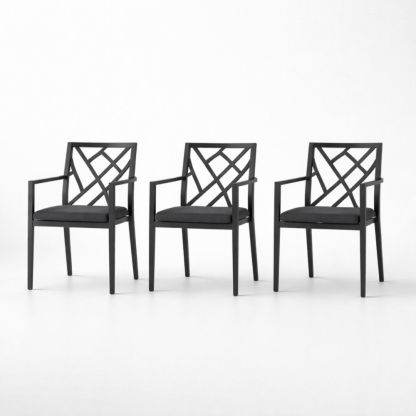 Set of 3 Black Metal Frame Chairs with Cushioned Seats-Auravivora