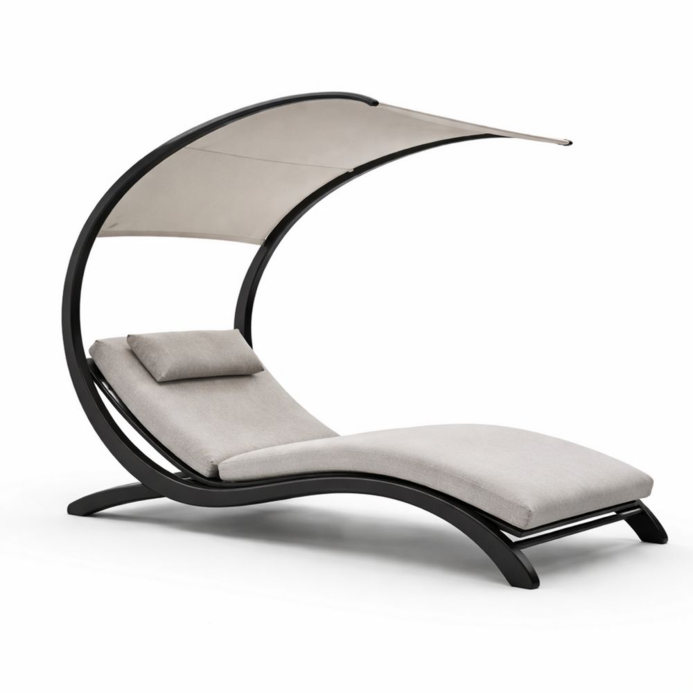 Outdoor Chaise Lounge with Canopy Curved Shape Gray Polyester Cushion Steel Frame-Auravivora