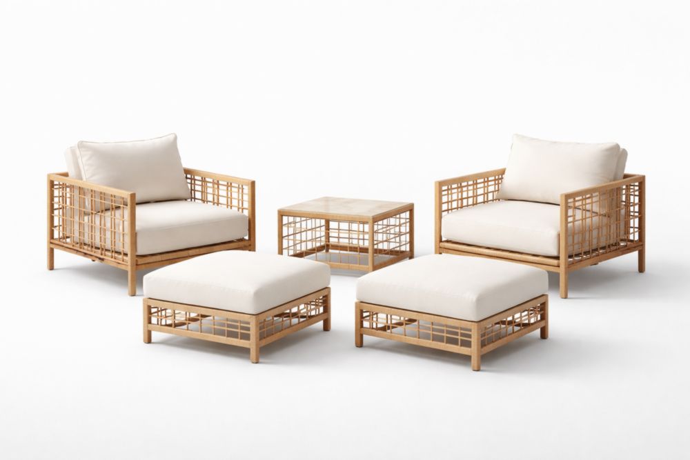 Bamboo Outdoor Lounge Chair Set with Cushions