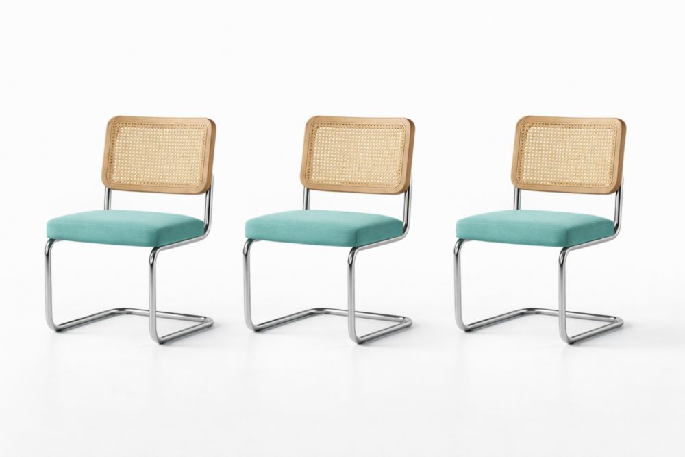 Set of 3 Chrome Cane Chairs with Aquamarine Upholstery