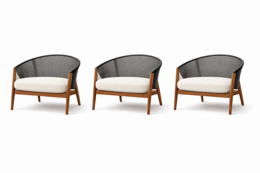 Set of 3 Armchairs with Wooden Frame and Rope Backrest Black/White