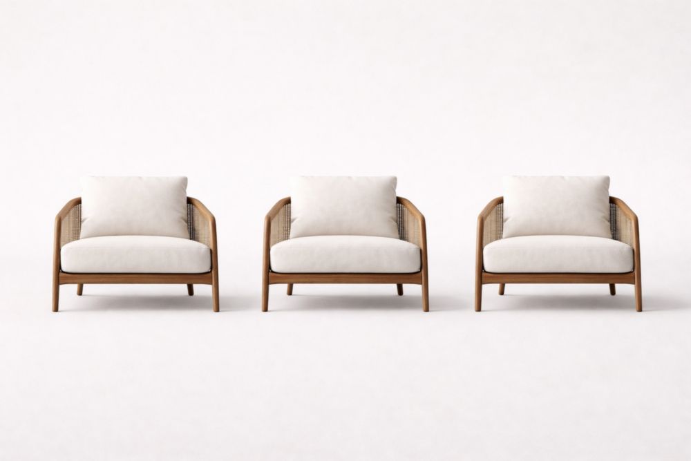 Set of 3 Walnut Wood and Cotton Cushion Lounge Chairs